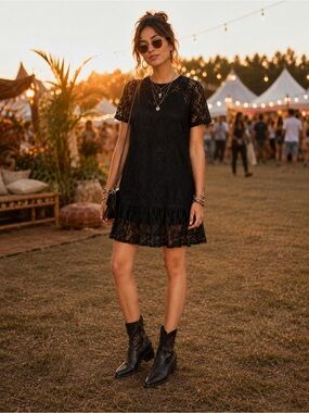 Zara Black Lace Ruffle-Hem Short Sleeve Dress Y2K Made in Portugal Festival Life